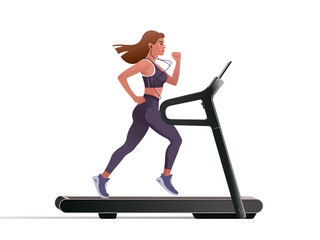 Girl with long hair is running on a treadmill in a fitness center. Isolated Vector illustration for landing page mockup flat design or advertising banner.