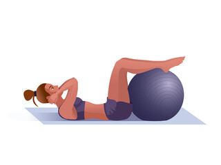 Girl workouts with Exercise Ball in a fitness gym. Isolated Vector illustration for landing page mockup flat design or advertising banner.
