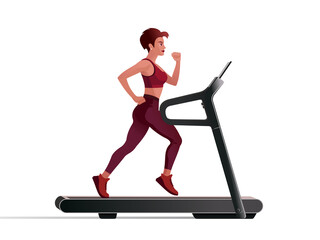 Short haired girl running on a treadmill in a fitness center. Isolated Vector illustration for landing page mockup flat design or advertising banner.