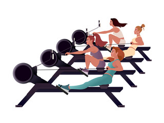 Girls train on a rowing machines. Isolated Vector illustration for landing page mockup flat design or advertising banner.