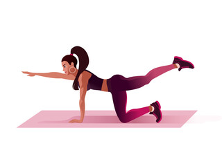 Long hair brunette Girl is yoga pilates in the fitness gym. Isolated Vector illustration for landing page mockup flat design or advertising banner.