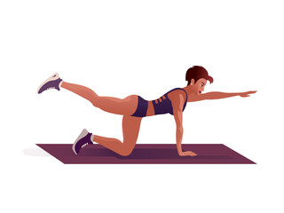 Short hair Girl is yoga pilates in the fitness gym. Isolated Vector illustration for landing page mockup flat design or advertising banner.