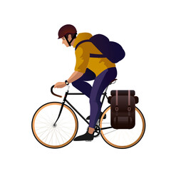 Cyclist in a safety helmet with a backpack rides a bicycle. Isolated vector illustrations for advertising banner layout or flat design.