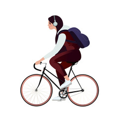 Girl in headphones with a backpack rides a bicycle. Isolated vector illustrations for advertising banner layout or flat design.