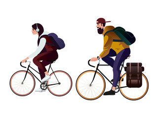 Young couple are riding bicycles. Isolated Vector illustration for mockup or flat design advertising banner. 