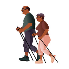 An elderly couple has a Nordic Walking. Isolated Vector illustration for mockup or flat design advertising banner. 