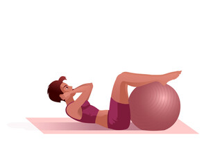 Short haired girl workouts with Exercise Ball in a fitness gym. Isolated Vector illustration for landing page mockup flat design or advertising banner.