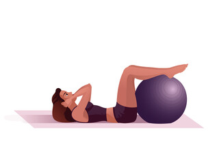 Girl with long hair workouts with Exercise Ball in a fitness gym. Isolated Vector illustration for landing page mockup flat design or advertising banner.
