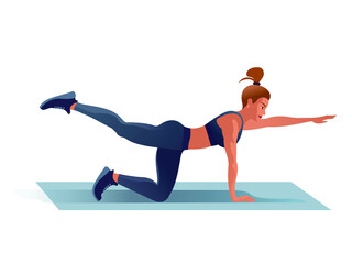 Girl on yoga mat. Pilates workouts. Isolated Vector illustration for landing page mockup flat design or advertising banner..