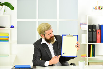 We did it. Business-minded businessman. bearded man in formal jacket sit at table. boss in...