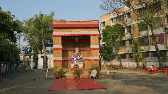 Howrah, West Bengal, India - 5th February 2022 : Idol of Goddess Saraswati inside pandal. Saraswati is Hindu goddess of knowledge, music, art, wisdom, and learning.