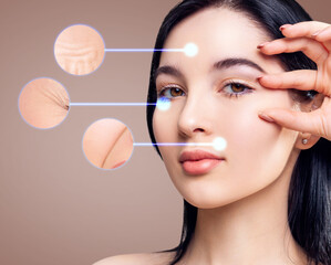 Circles with elderly wrinkled skin shows before and after lifting cosmetic procedure.