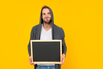 your marketing design. funny man in hood with blackboard. guy make announcement.