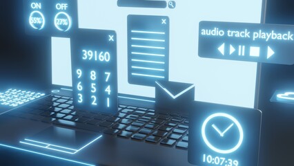 Modern electronic technologies. A laptop with UI program widgets. 
