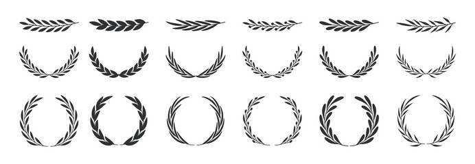 Set of wreaths and branches with leaves. Hand drawing laurel wreaths and branches collection. Laurels wreaths, swirls, twigs and flower ornaments. Herbs, flowers and plants elements. Design elements.