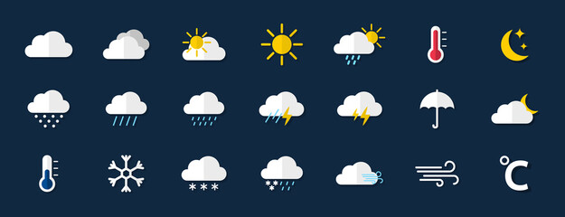 Weather icon set. Weather icons for web. Forecast weather flat symbols. Pictogram vector icons. - obrazy, fototapety, plakaty