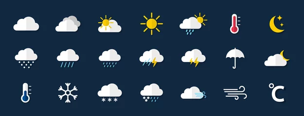 Fotobehang Weather icon set. Weather icons for web. Forecast weather flat symbols. Pictogram vector icons. © TMvectorart