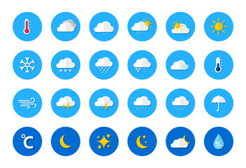 Weather icon set. Weather icons for web. Forecast weather flat symbols. Pictogram vector icons. - obrazy, fototapety, plakaty