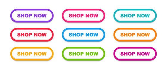 Shop now buttons. Set of shopping buttons. Buy now button for online shop. Call for action buttons. Modern colorful buttons for website design. Vector illustration.