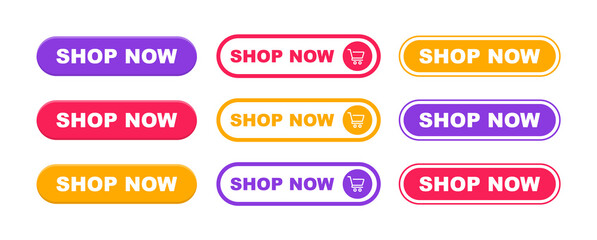 Shop now buttons. Set of shop now buttons with cart icon. Buy now button for online shop. Call for action buttons. Modern colorful buttons for website design. Vector illustration.
