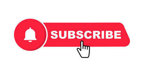 Subscribe button with bell and hand cursor. Subscribe to video channel. Button for social media. Web button for promotion and marketing. Vector illustration.