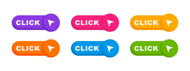 Click here buttons with arrow pointer. Click here button set. Call to action button click here. Modern web buttons. Vector illustration. - obrazy, fototapety, plakaty