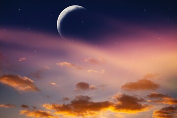 Naklejka na ściany i meble Sunset and new moon . Prayer time . Generous Ramadan