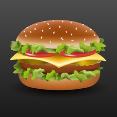 Vector realistic classic American hamburger Cheeseburger with a salad with tomatoes, cheese, on white background. Fast food