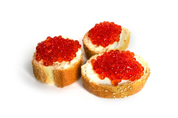 Naklejka na ściany i meble Red caviar isolated on a white background. Sandwiches with red caviar.