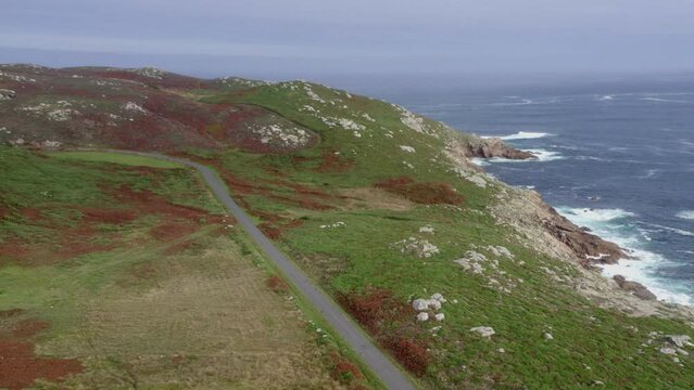 Drone aerial view of a camper van in Galicia, Spain
