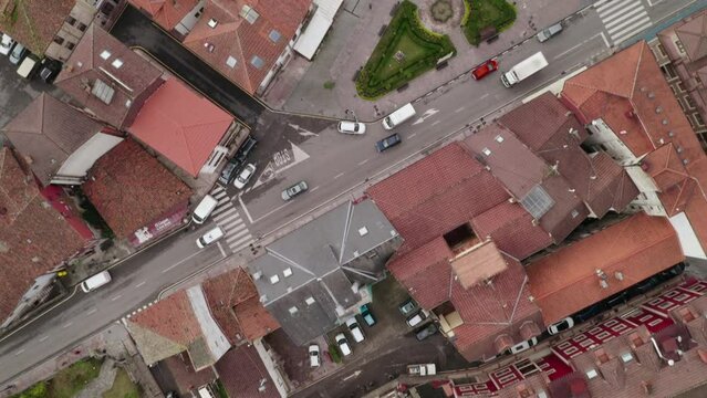 Drone aerial top view of Cangas de Onis and camper van service area