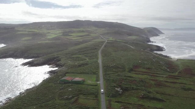Drone aerial view of a camper van in Galicia, Spain