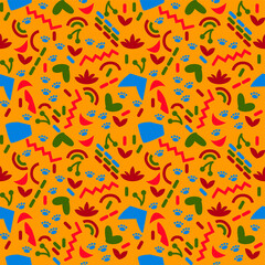 Vector graphics are a seamless abstract pattern with chaotic spots and elements on a bright yellow background. Concept textiles, wallpaper or wrapping paper