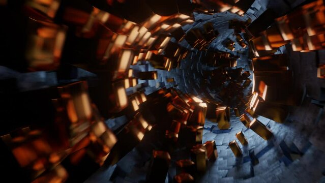 Camera movement in abstract tunnels with cubes. Movement of orange cubes with a tempo of 120 bpm.