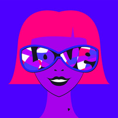 Vector illustration - portrait of a beautiful smiling woman with a square hairstyle and pink hair in large sunglasses and the inscription love close-up trendy purle colors. Concept romance