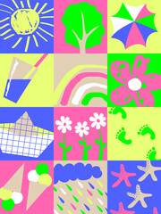 Fototapeta premium Vector illustration is a set of square compositions with summer drawings - the sun, flowers, a boat, a beach umbrella and ice cream. Concept holidays and recreation