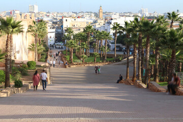 Panoramic view of Marrakech, stairs leading to city