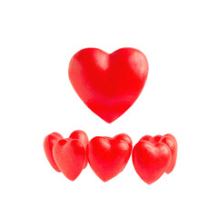 Red hearts floating on white backgrounds. a symbol of love, affection, anniversary. A minimal concept of happiness, fulfillment, togetherness. Valentine's Day.