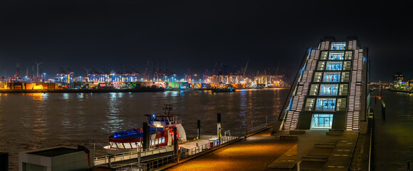Hamburg, Germany. View of the harbor and the river Elbe at night.