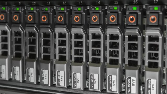 Storage server with many HDD disks inside rack in server room