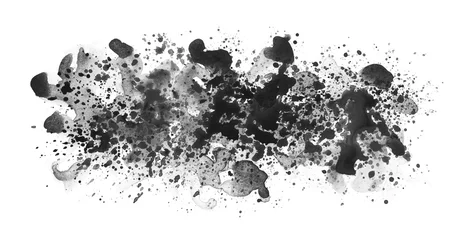 Deurstickers Art Watercolor flow blot with drops splash. Abstract texture black and white color stain on white horizontal long background. © Liliia