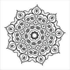 Contour drawing of mandala with lines. Abstract symmetrical pattern. Vector illustration isolated on white background. Difficult coloring.