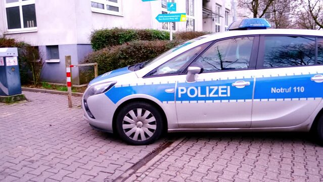 Frankfurt, Germany - January 2022: typical police vehicle in germany with blue flashers in city, used by police to patrol streets, public places, as well as promptly respond to incidents