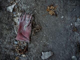 imagen de unos guantes viejos tirados al suelo entre tierra piedra y hojas secas