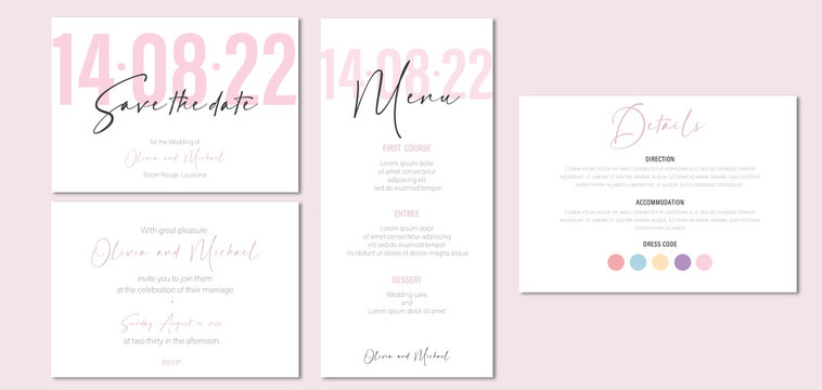 minimal pink wedding invitation / wedding menu / dress code / template set /marriage