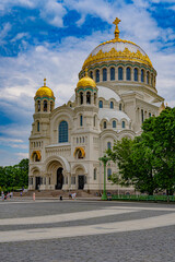 Fototapeta na wymiar Kronstadt, Russia - June 1, 2021: Naval Cathedral of St. Nicholas at June noon. 