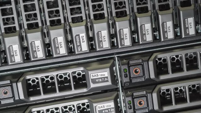 Storage server with many HDD disks inside rack in server room