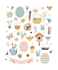 Set of Easter design elements. Eggs, chicken, butterfly, rabbit, tulips, flowers, willow, branches, basket, candles, cake. For holiday decoration and spring greeting cards. Vector illustration