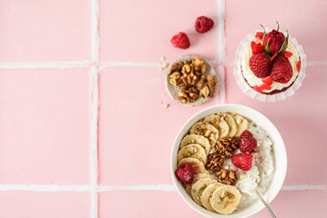 rice porridge with banana and raspberries