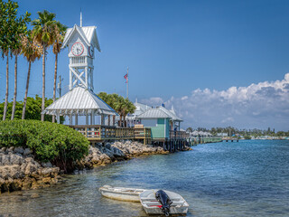 Bradenton beach city pier on Anna Maria Island in Florida on the water with boats - obrazy, fototapety, plakaty